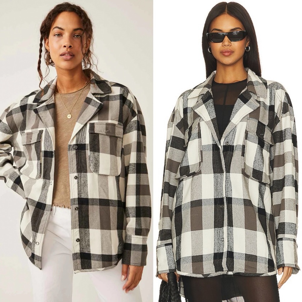 NWT Free People Izzie Cargo Plaid Shirt Jacket Shacket Izzy Black Cream